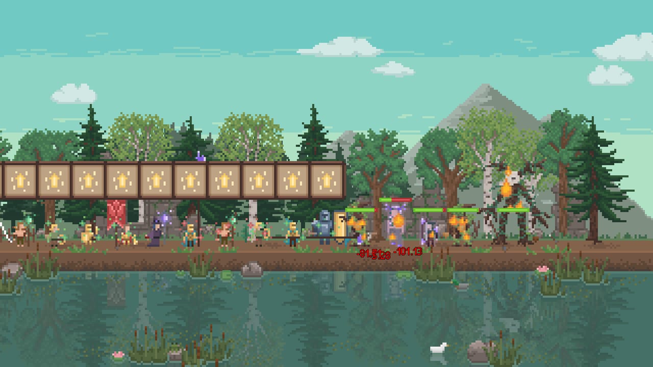 Next Reign: Kingdom combat: spearmen, a mage, and a shield knight facing fiery treants beside a river