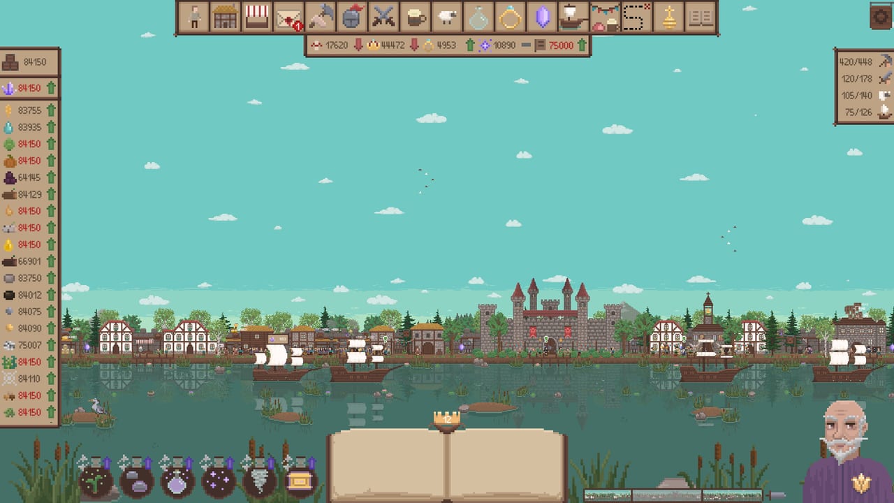 A late-game Next Reign: Kingdom skyline with a stone castle, ships, and the resource HUD